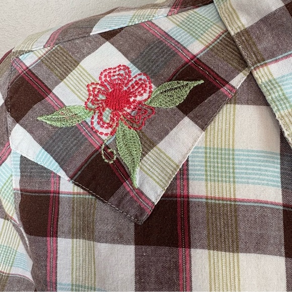 Shyanne Cotton Western Snap Front Brown Plaid Shirt Sz L Floral Embroidery Rodeo - Picture 4 of 17